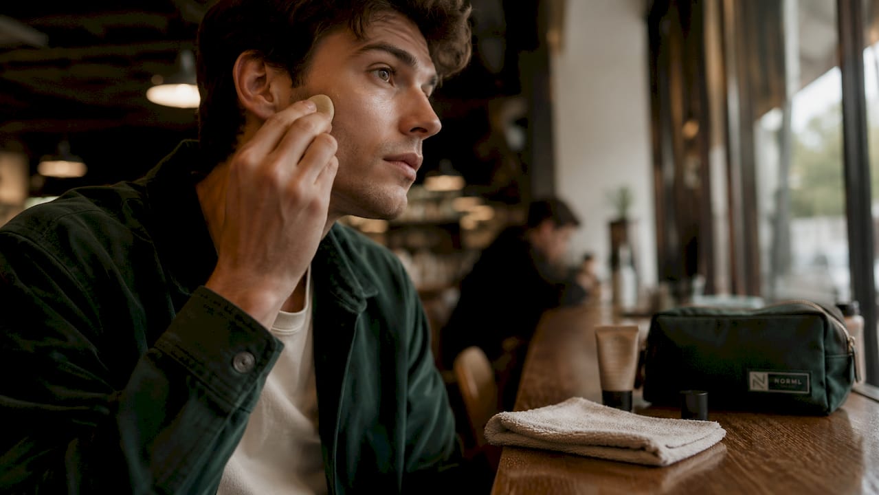 Hands blending concealer on man's face