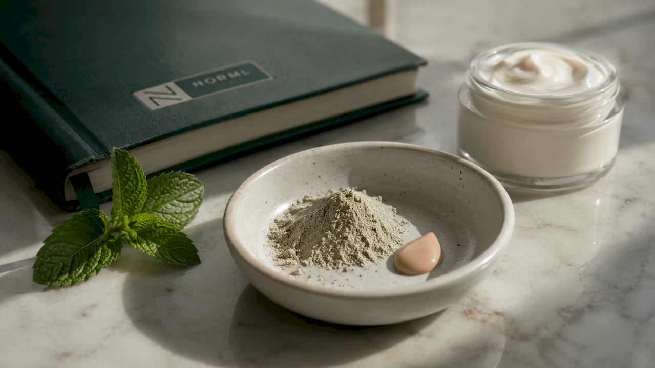 Close-up of natural matte coverage ingredients on countertop