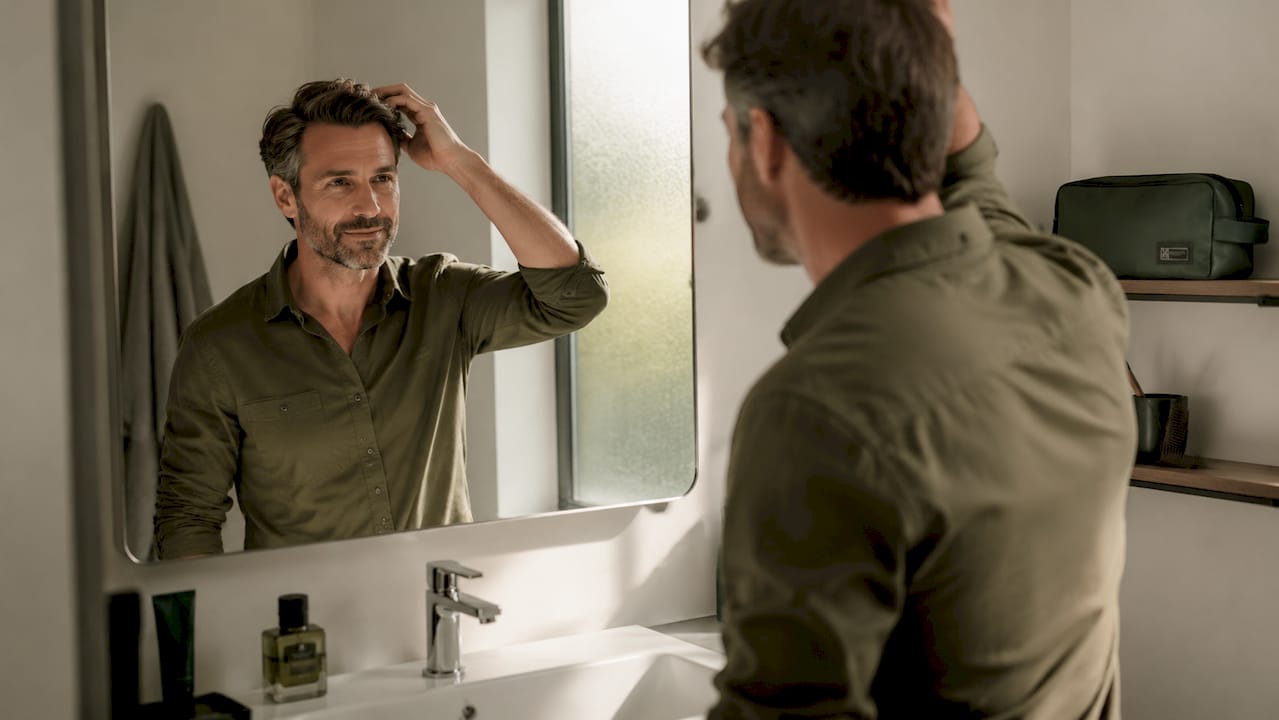 Man combing hair looking confident in mirror