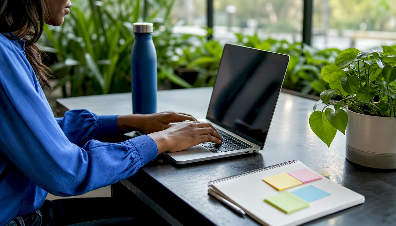 Hands typing on laptop for storage listing