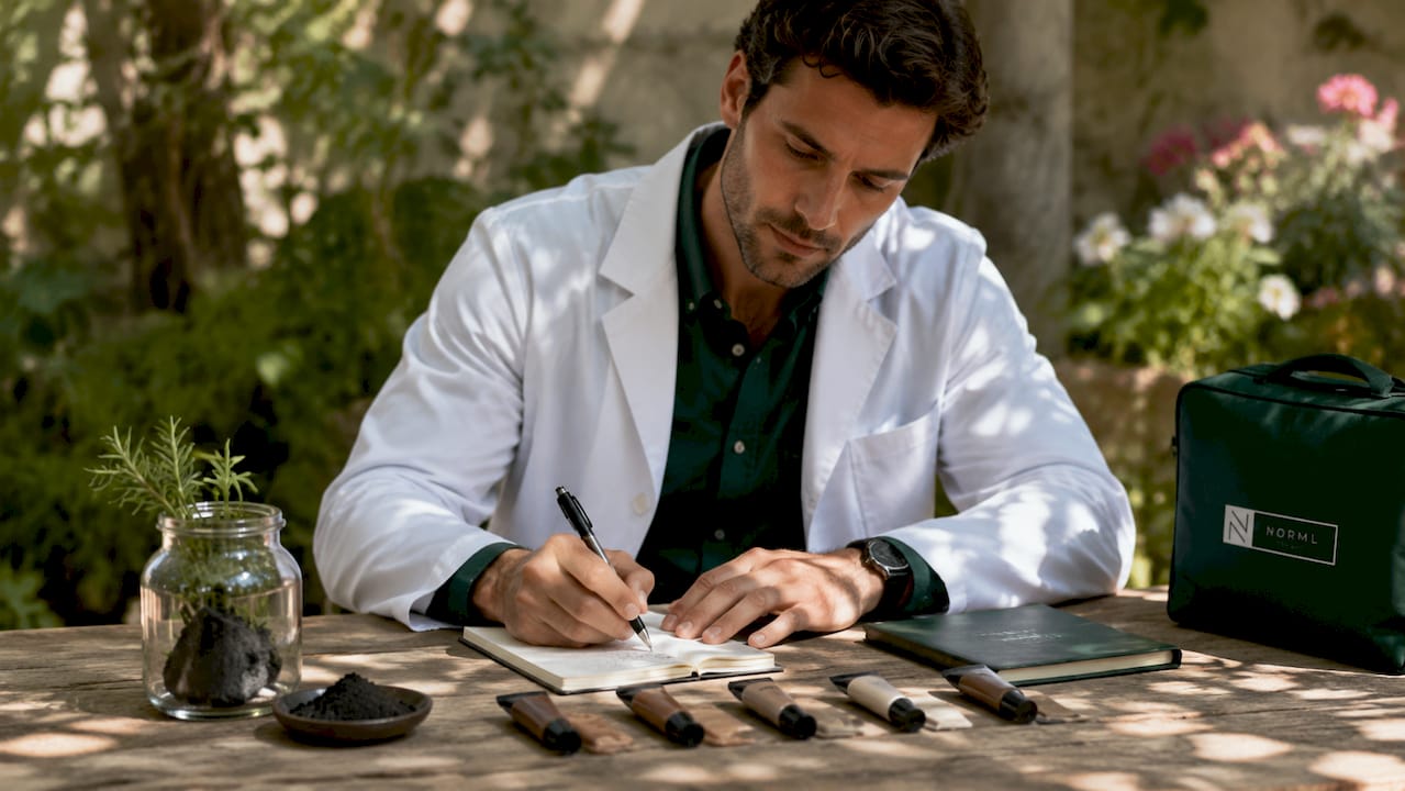Men's concealer products and natural ingredients on desk