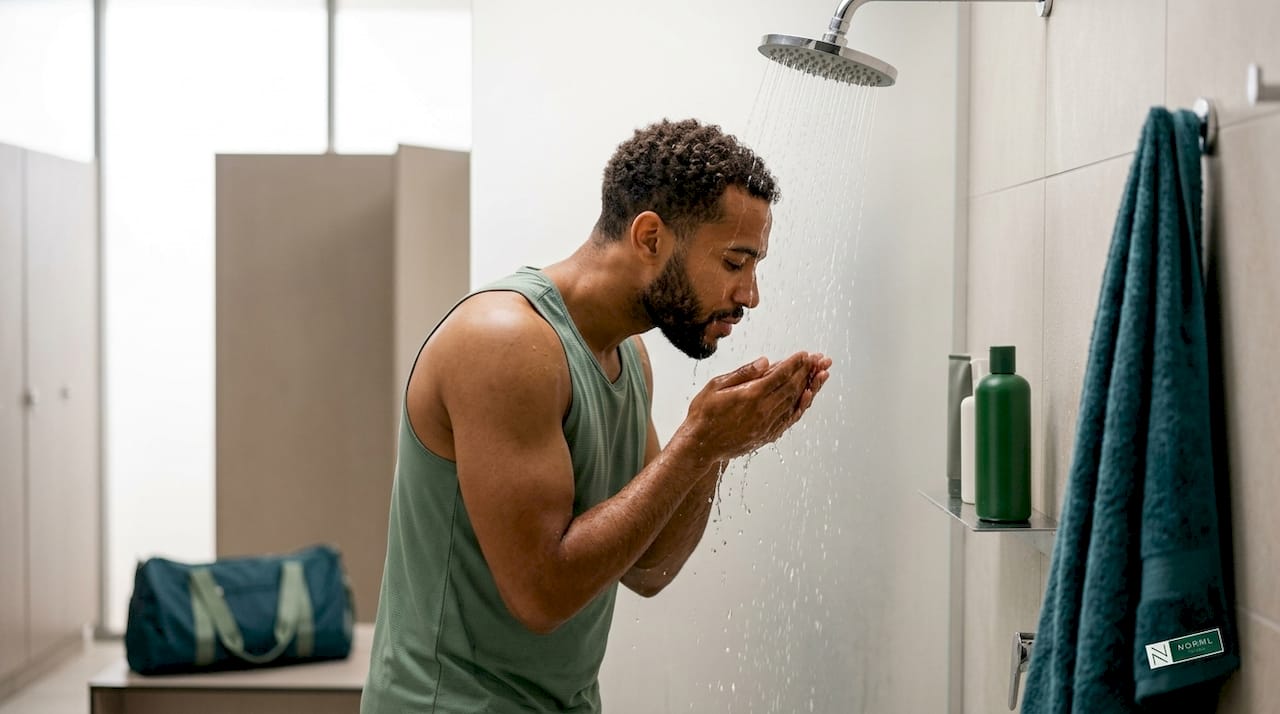 Man rinsing face after gym workout