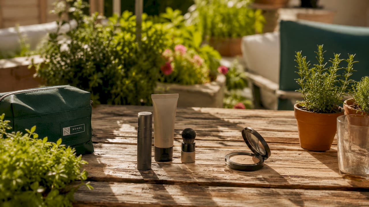 Men's grooming makeup products on bathroom counter