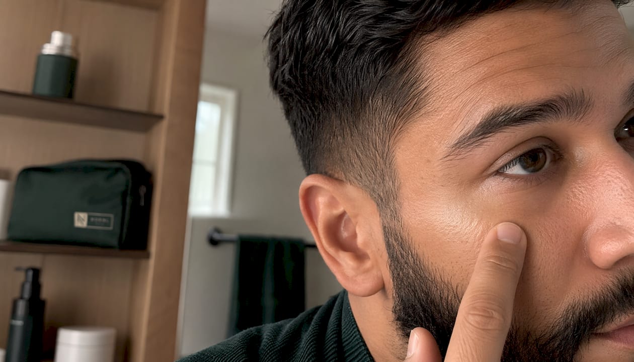 Close-up of man’s skin with smooth concealer application