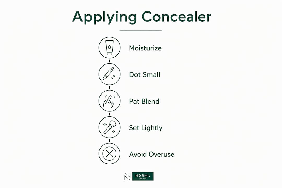 Infographic illustrating steps to apply non-cakey concealer