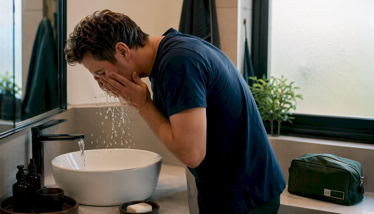 Close-up of man washing face with water