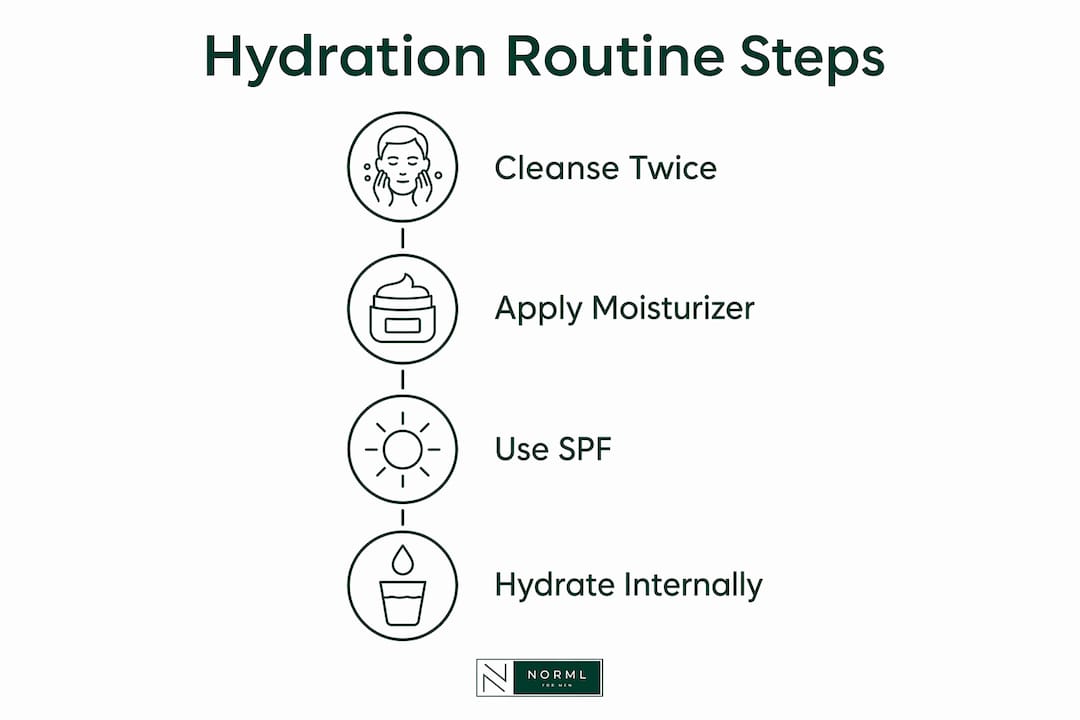 Infographic showing men's skin hydration routine steps