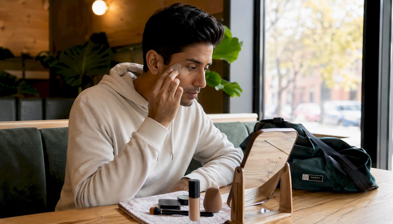 Man blending concealer naturally at home desk