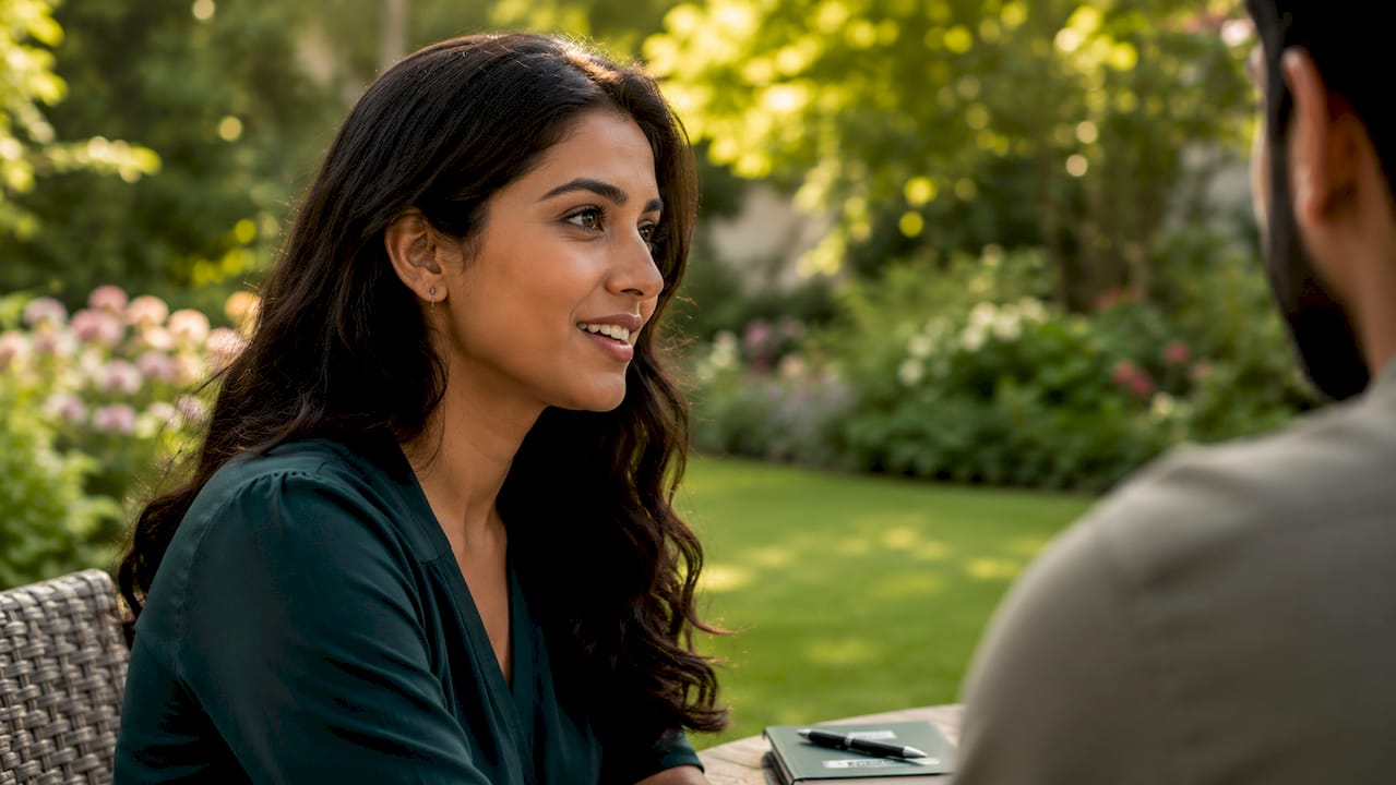 Woman showing confident open body language in conversation