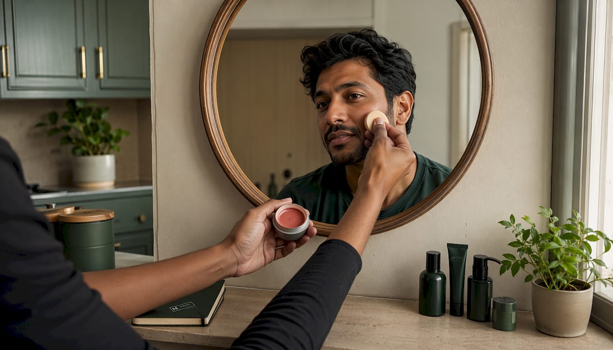 Close-up of applying cream blush on cheek