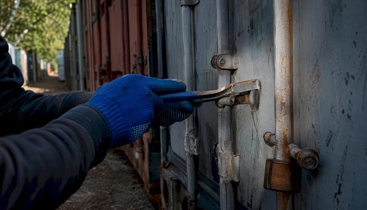 Hands attempting to break storage unit lock