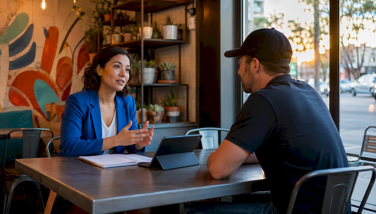 Two professionals discussing partnership links