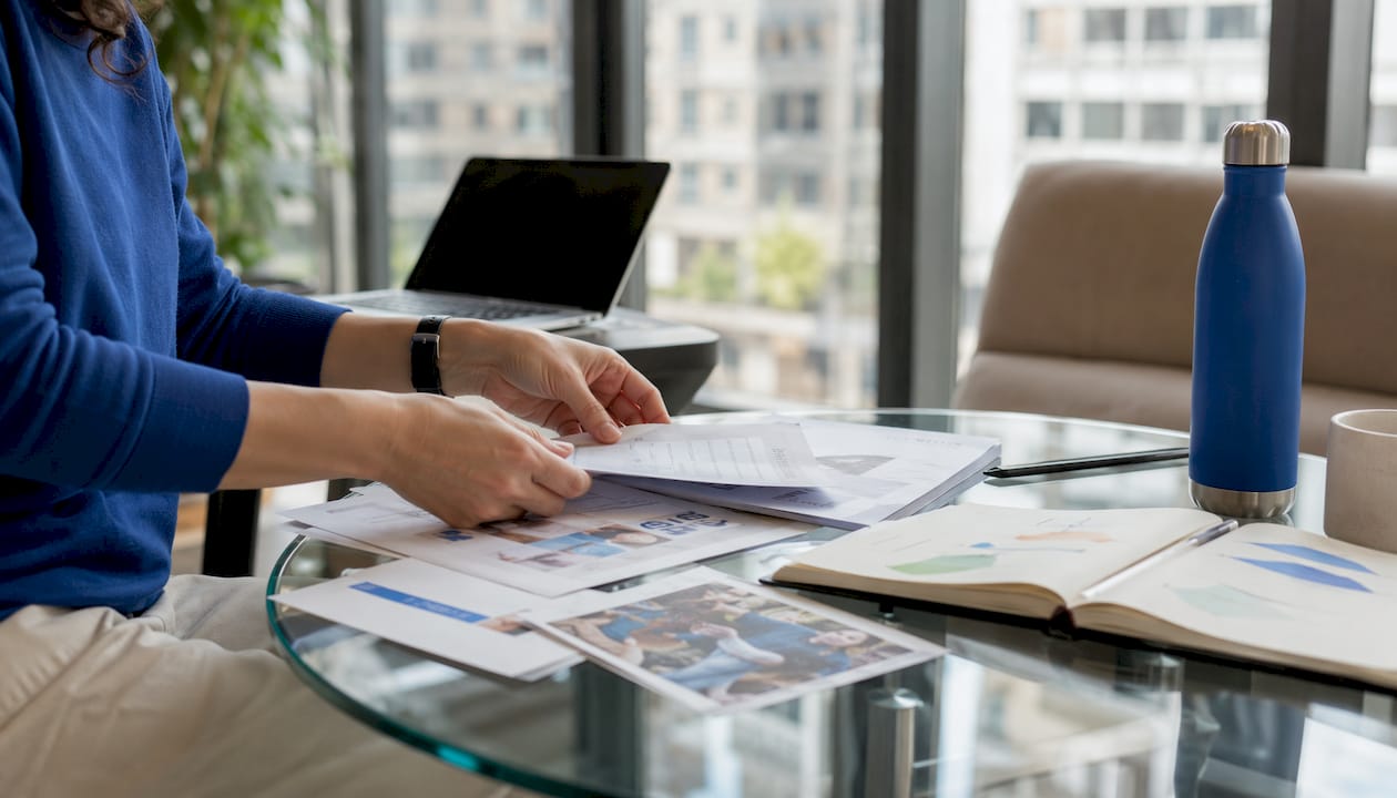 Hands organizing sponsorship documents on table