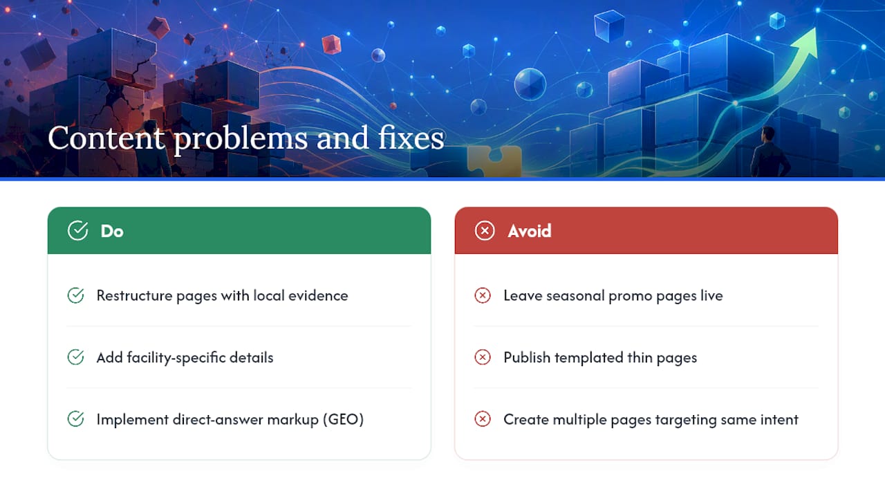 Content problems that shrink your organic footprint — overview diagram