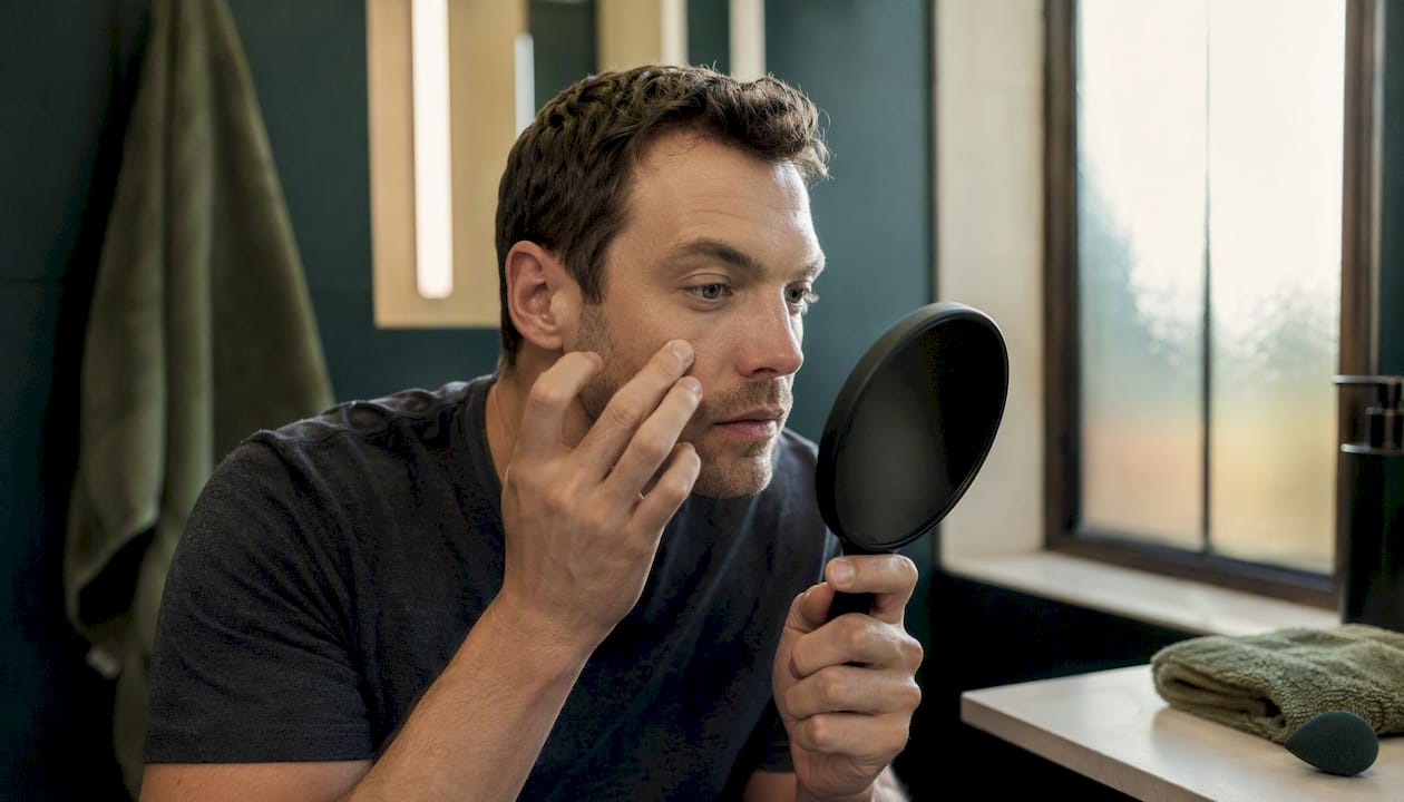 Man checking under-eye concealer finish in mirror