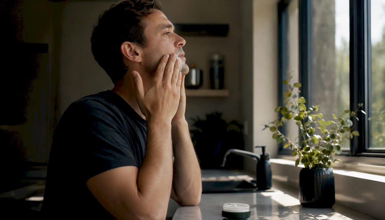 Man performing facial massage in morning