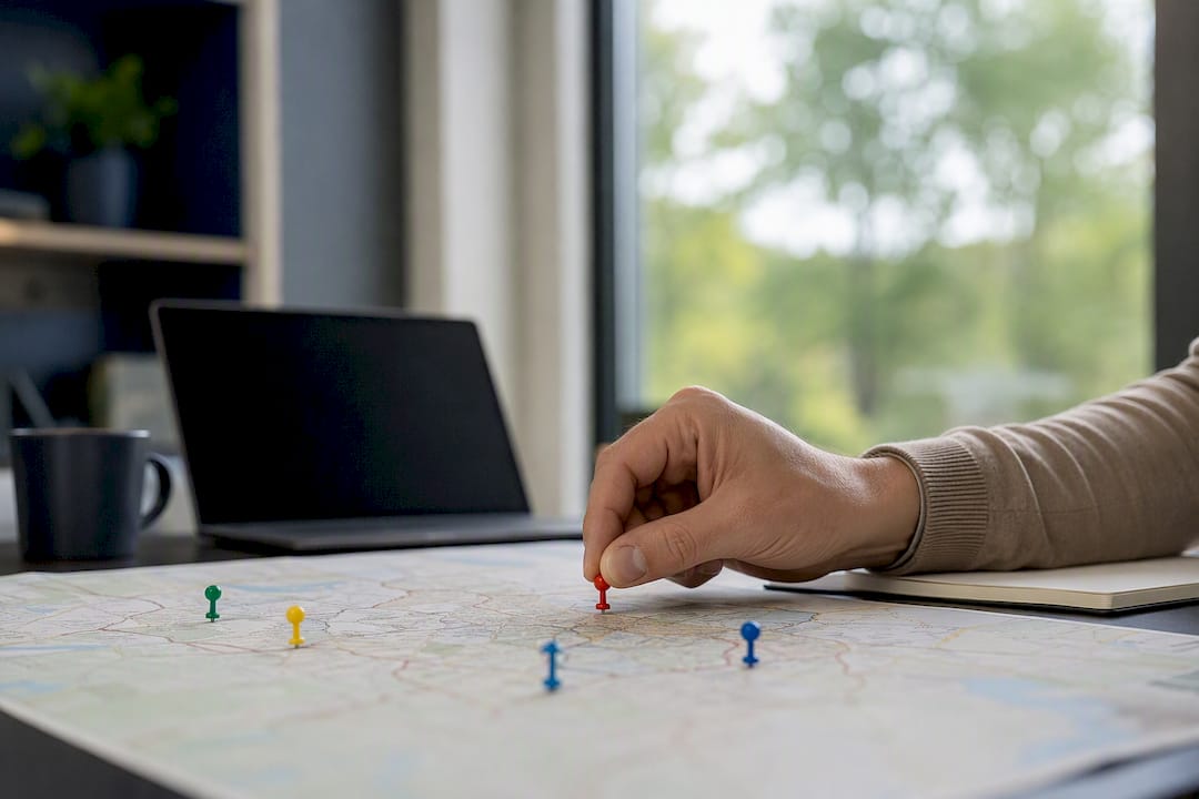 Hand placing colored pin on map