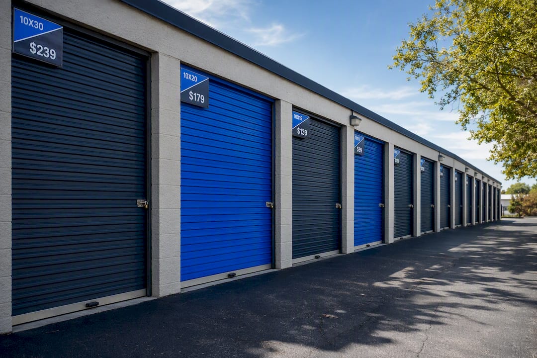 Outdoor self-storage units with size and price tags