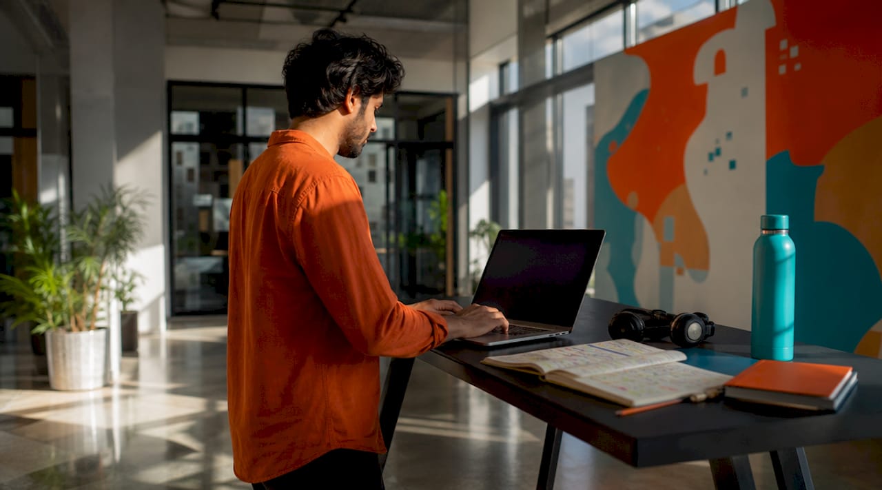 Man reviewing social media ad campaign analytics at standing desk