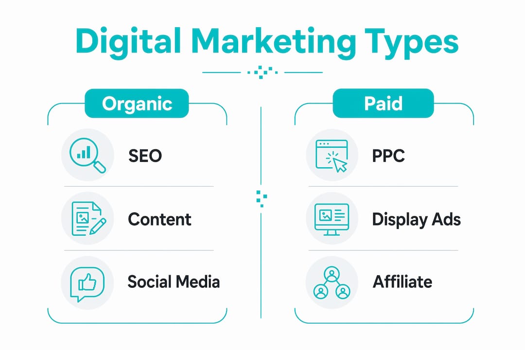 Infographic comparing organic and paid digital marketing types