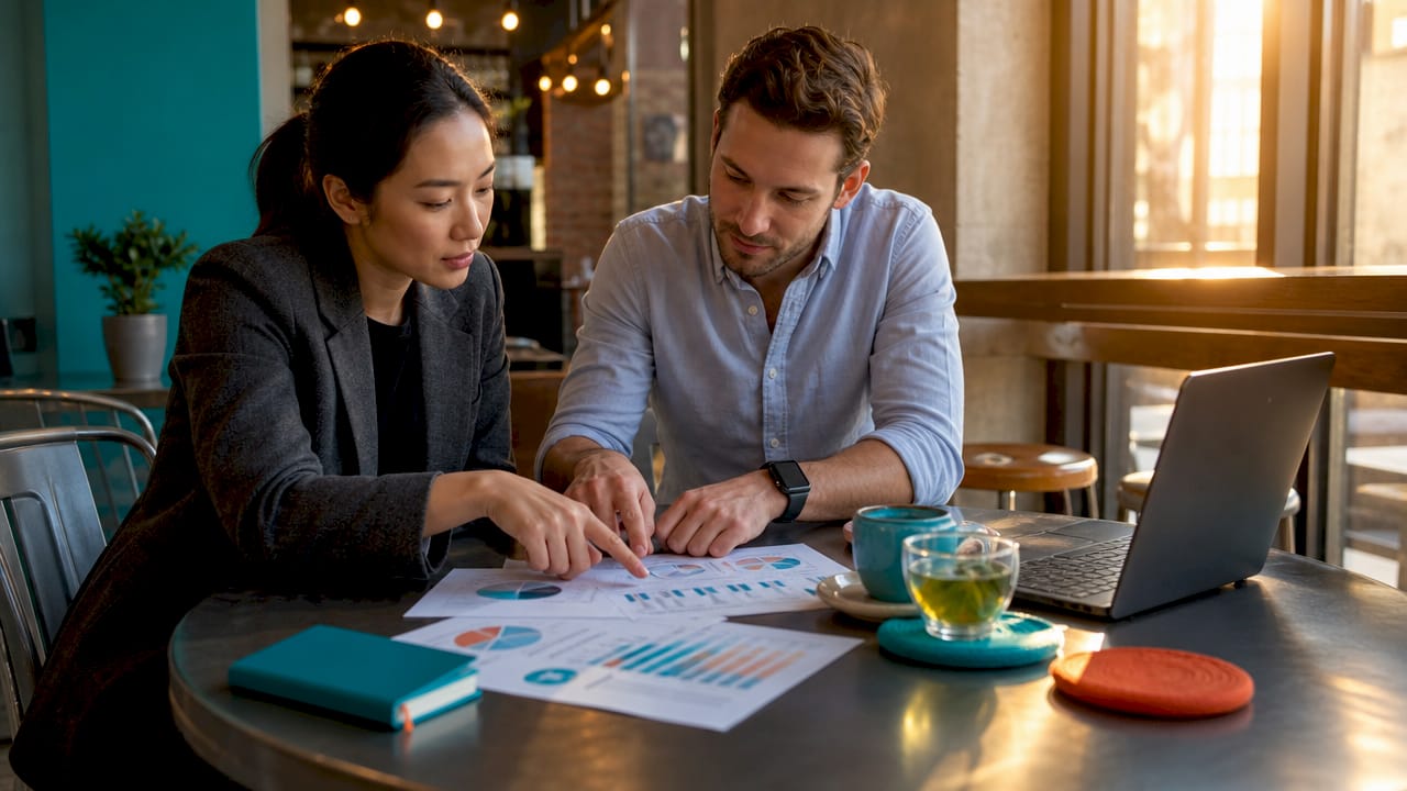 Hands discussing SEO and paid ads charts