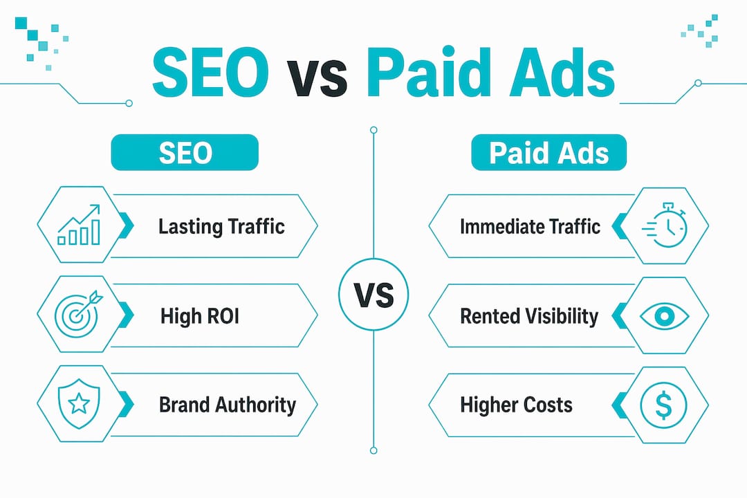 Infographic comparing SEO and paid advertising