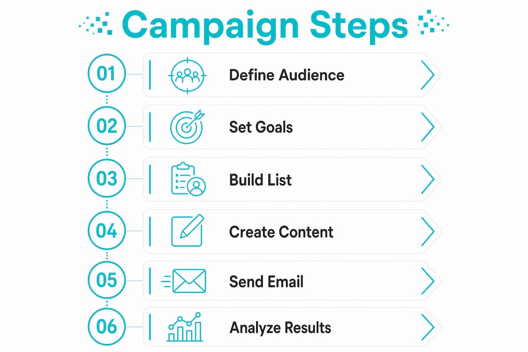 Infographic outlining email marketing campaign steps from audience definition to analysis