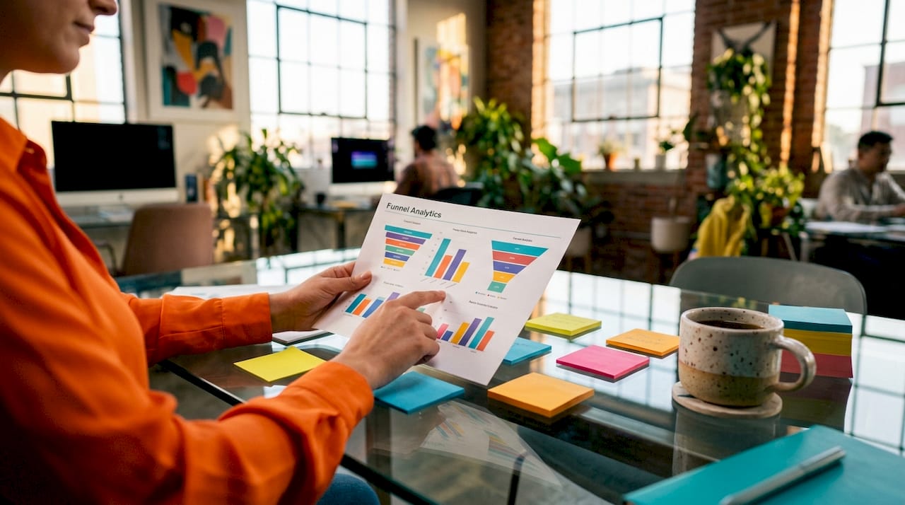 Hands pointing at funnel analytics report