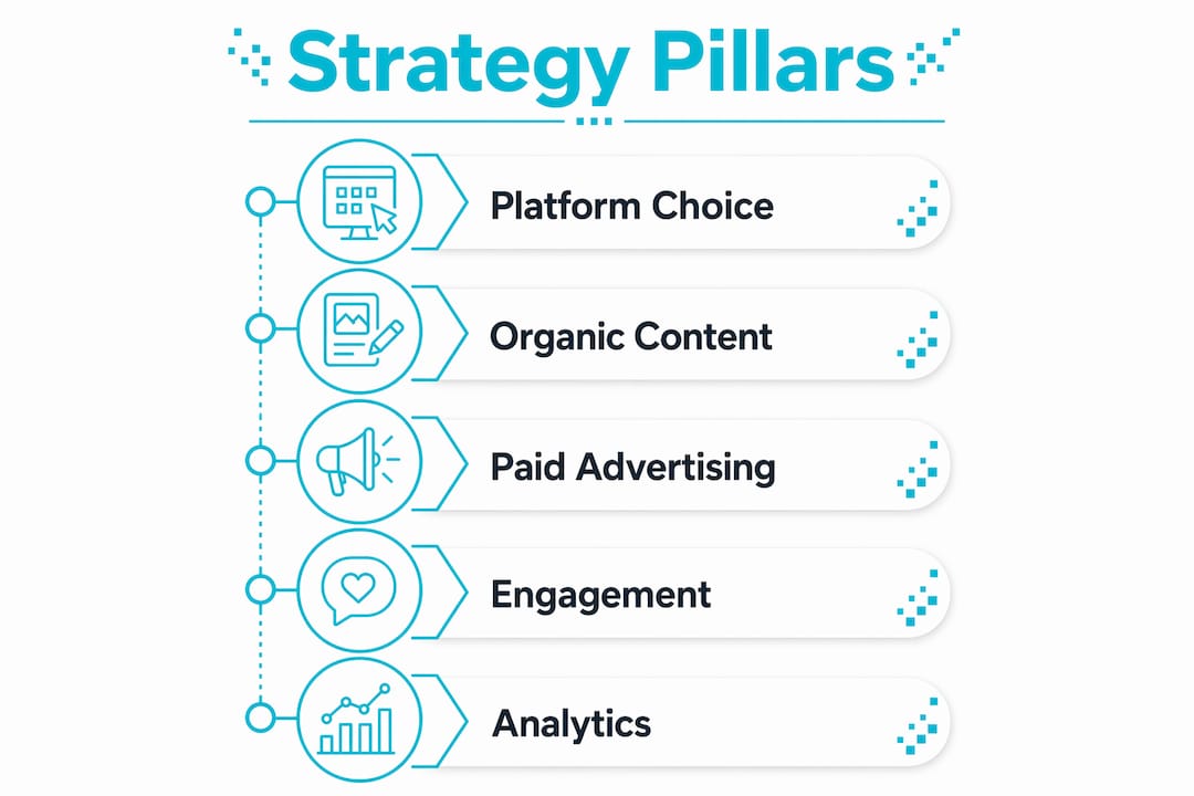 Infographic showing key pillars of social media marketing strategy