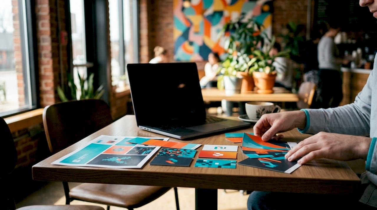 Hands typing at startup branding workspace desk
