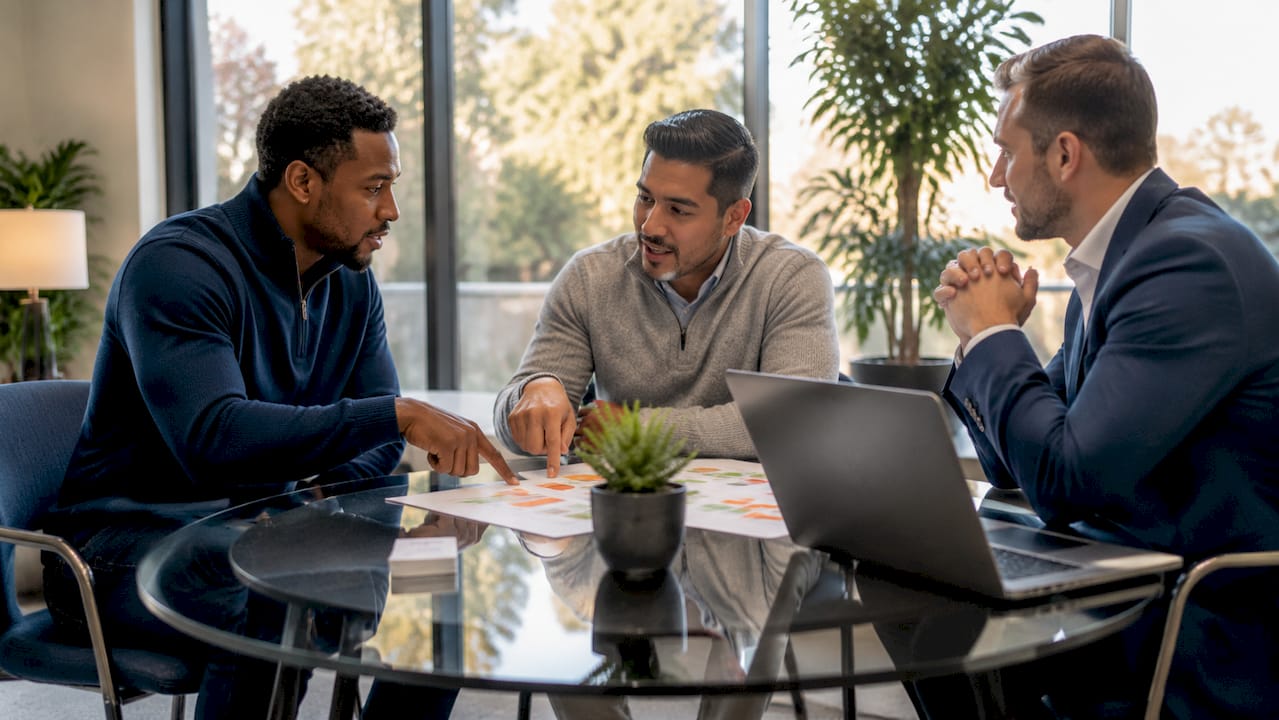 Two men discussing real estate contract near window