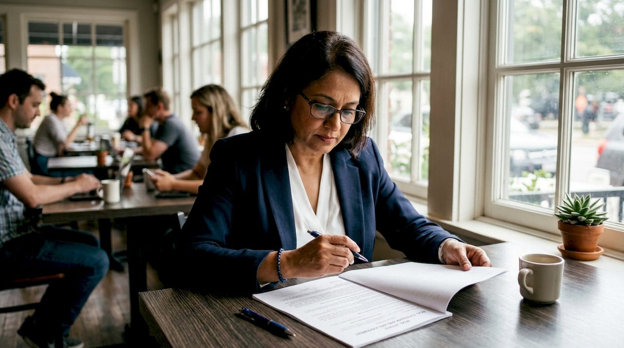 Woman reviewing real estate contract at desk