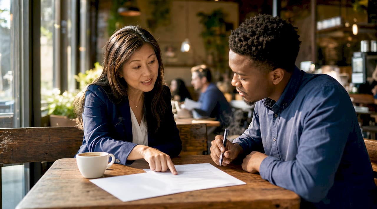 Real estate agent and buyer negotiating contract