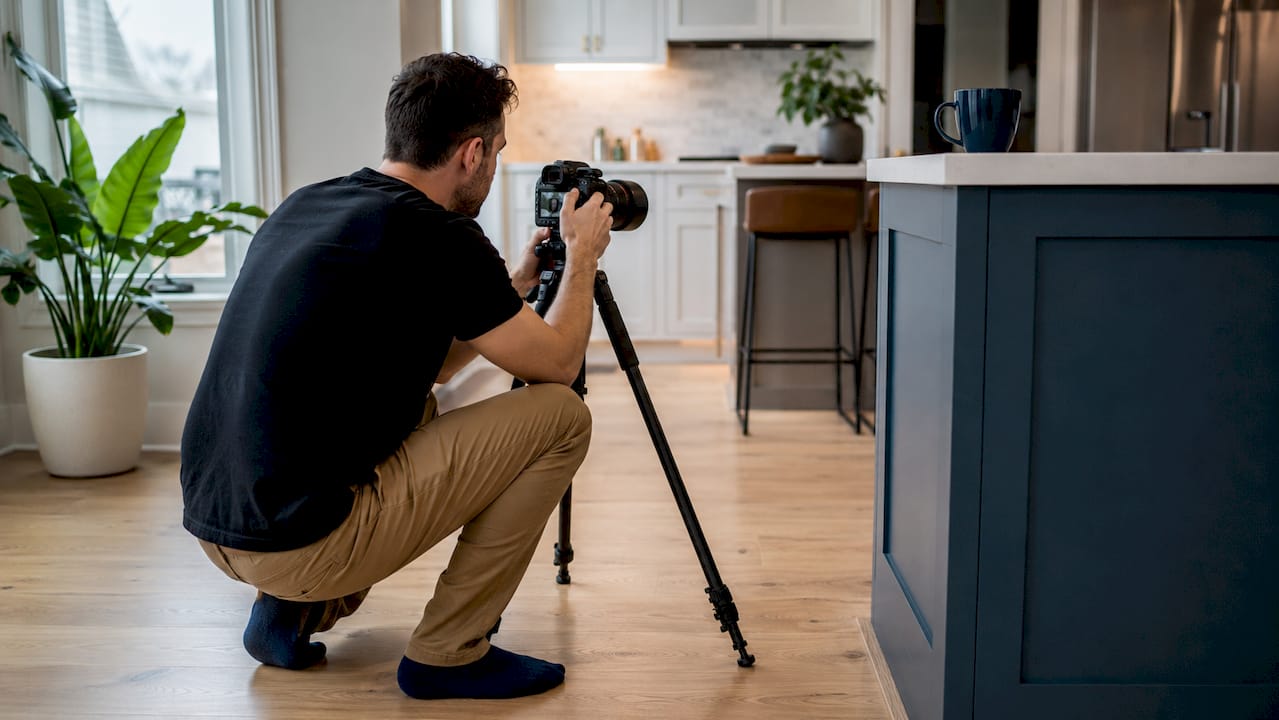 Photographer preparing real estate listing shot
