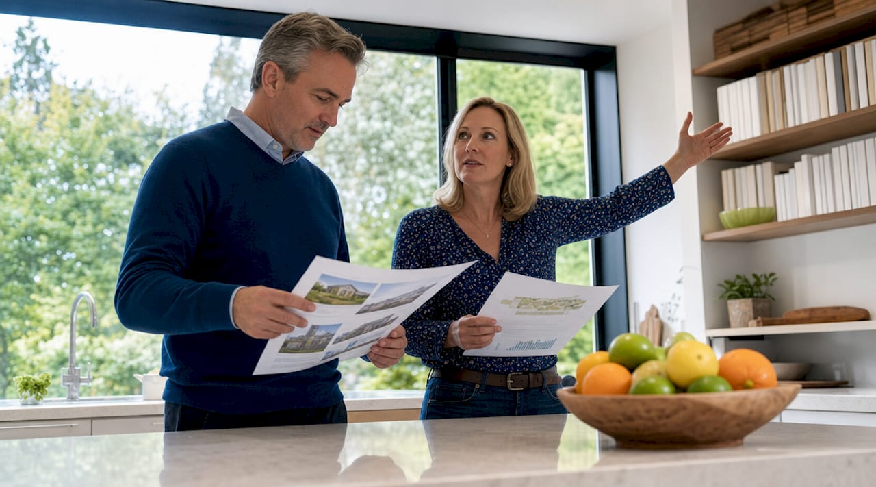 Couple discussing home sale challenges indoors