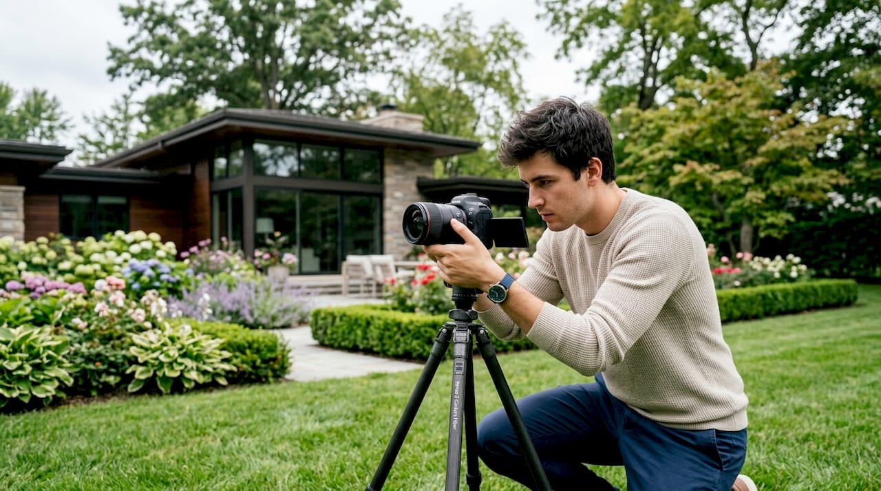 Photographer preparing to shoot home exterior