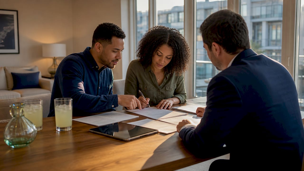 Young couple reviewing closing cost credit documents at home