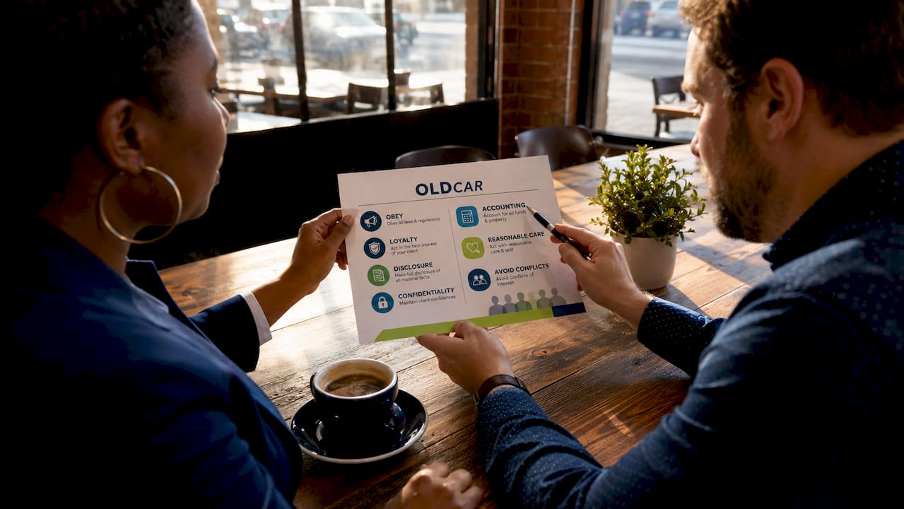 Hands pointing at fiduciary OLDCAR informational chart
