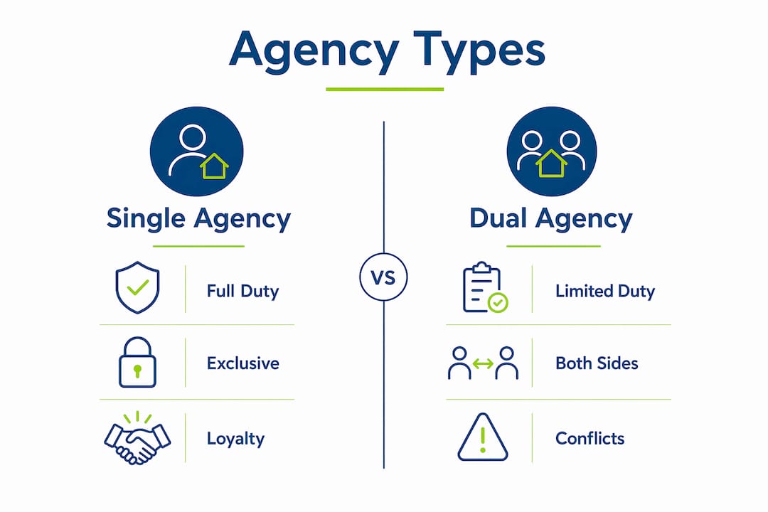 Infographic comparing single agency and dual agency fiduciary duties