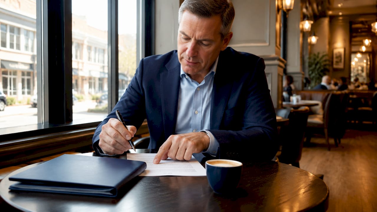 Real estate agent reviewing commission contract at desk
