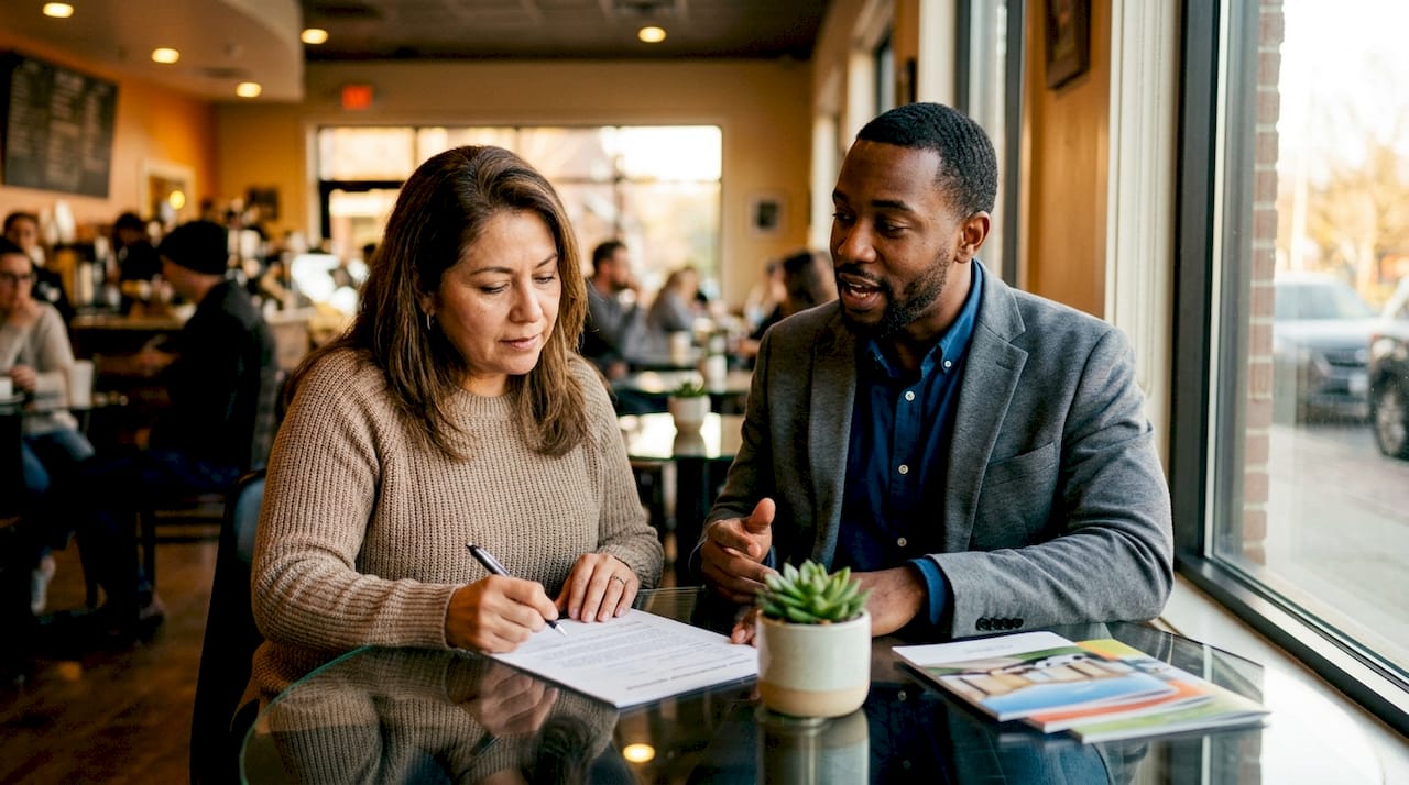 Homebuyer consulting with buyer agent in office