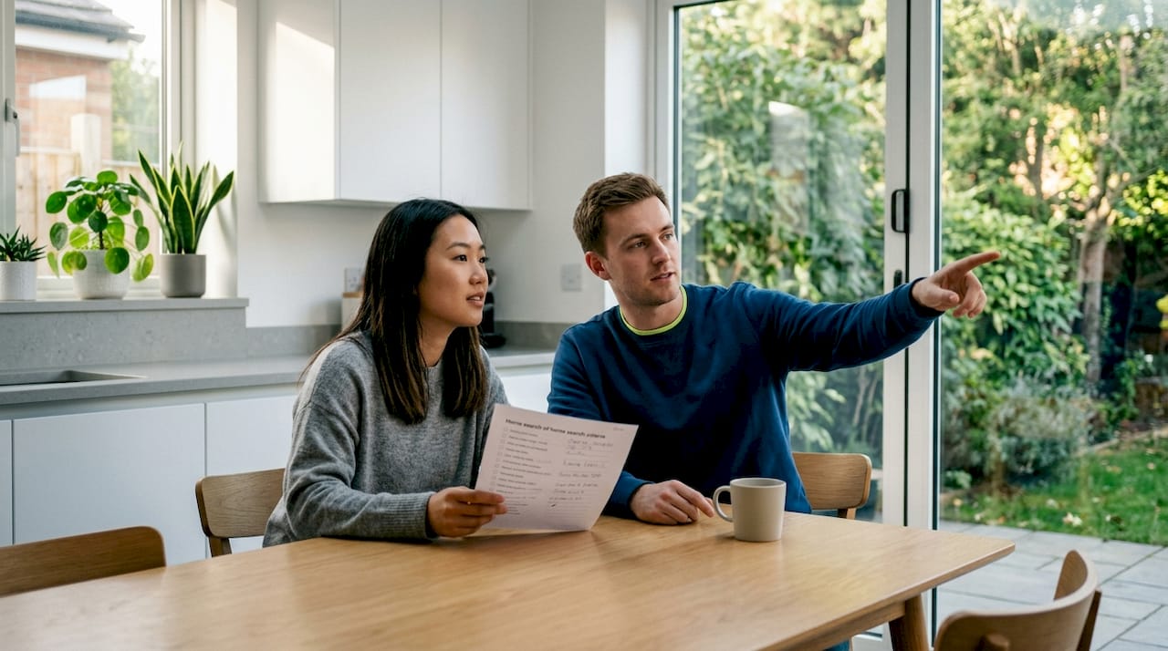 Group discussing home search criteria in living room