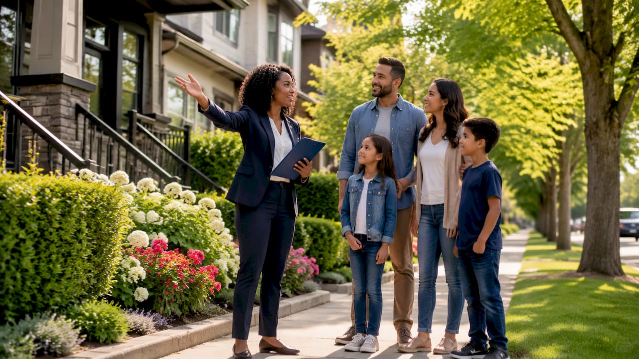 Real estate agent showing home to young family outdoors