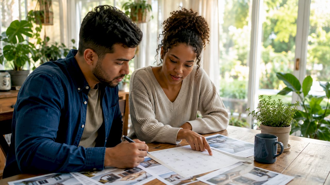 Couple planning home purchase timeline at kitchen table