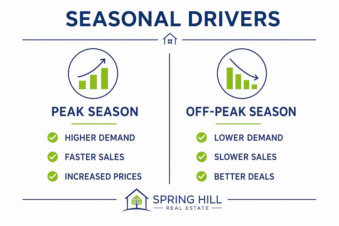Infographic comparing peak and off-peak real estate seasons