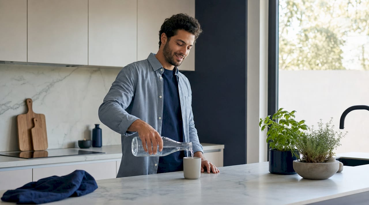 Man drinking sparkling water at home desk