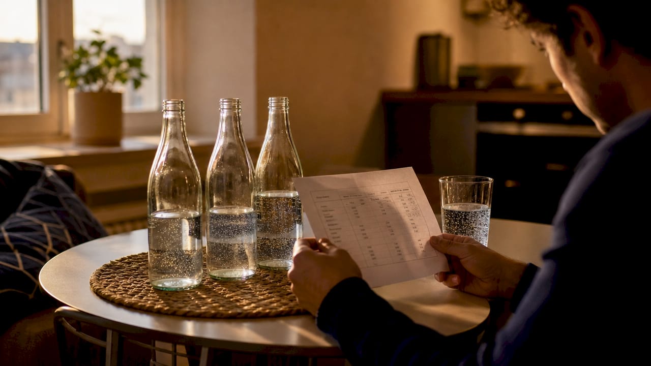 Hands comparing mineral contents of sparkling waters