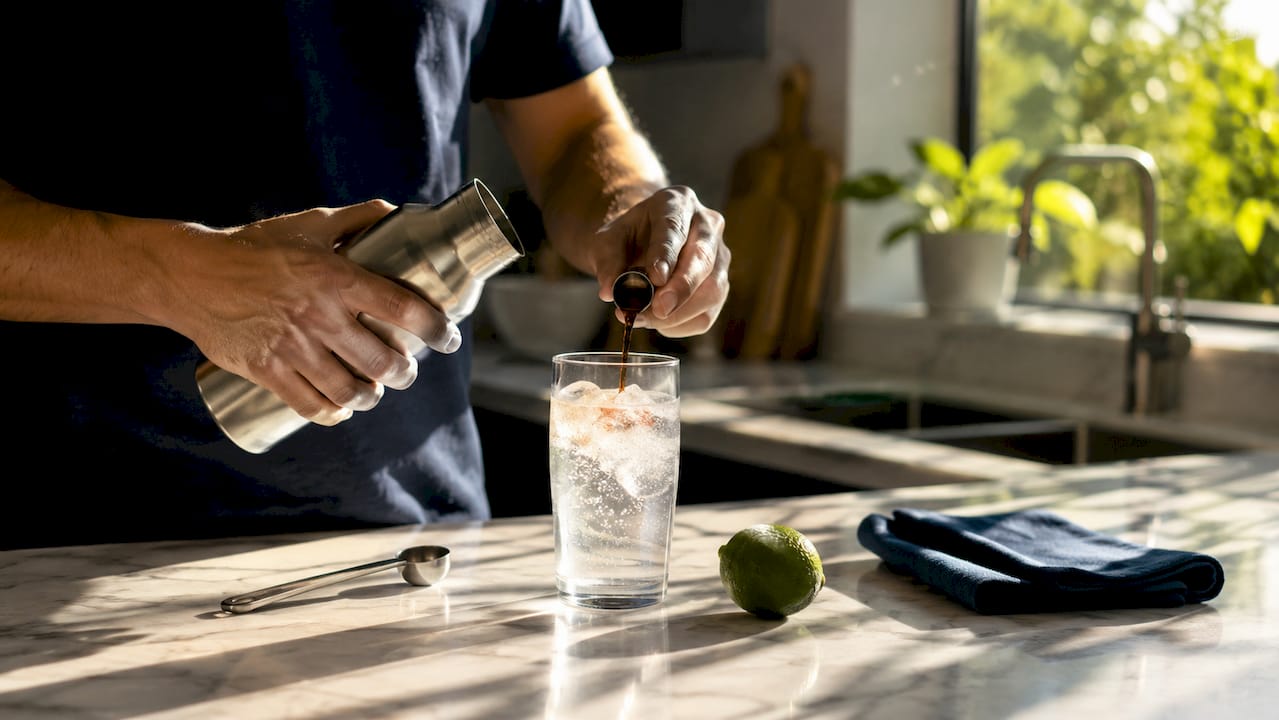 Hands adding flavor to seltzer drink