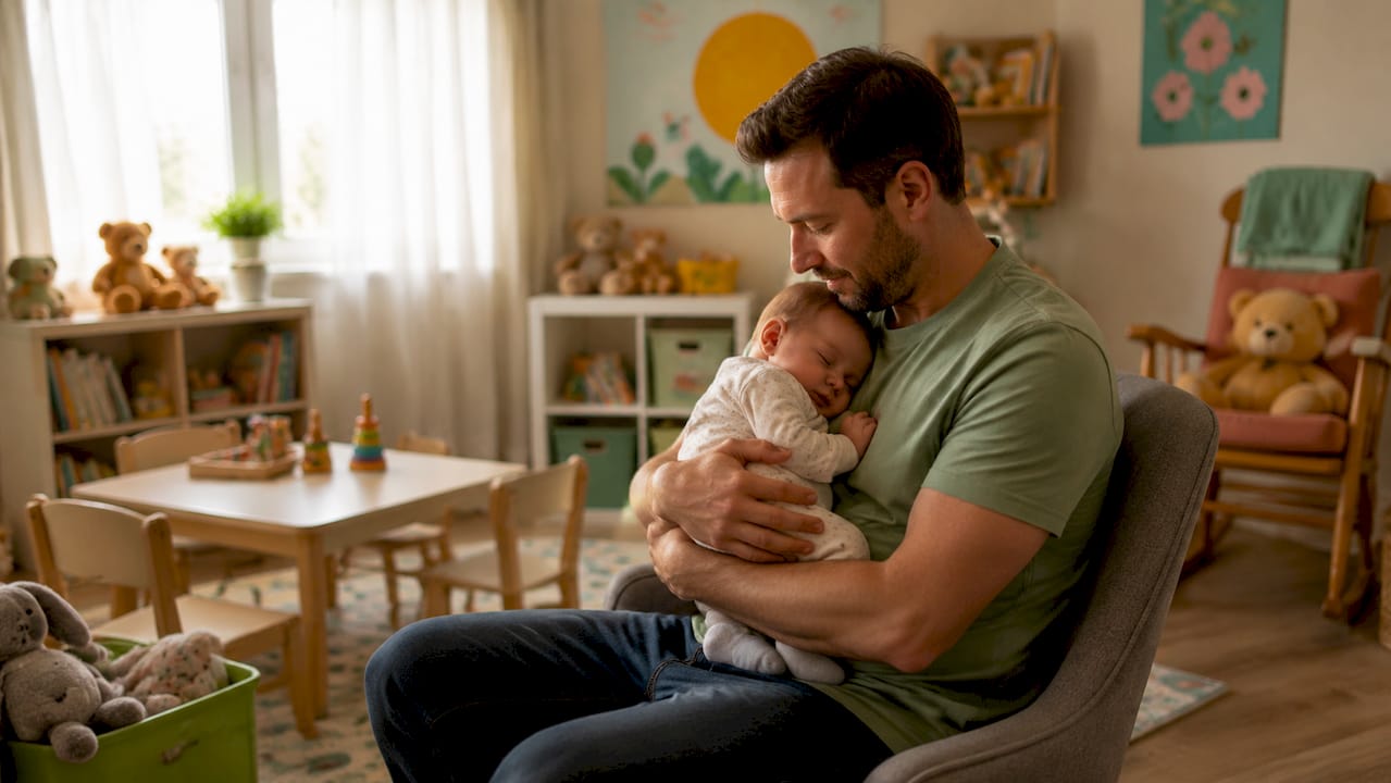 Caregiver feeding sleeping infant in nursery corner