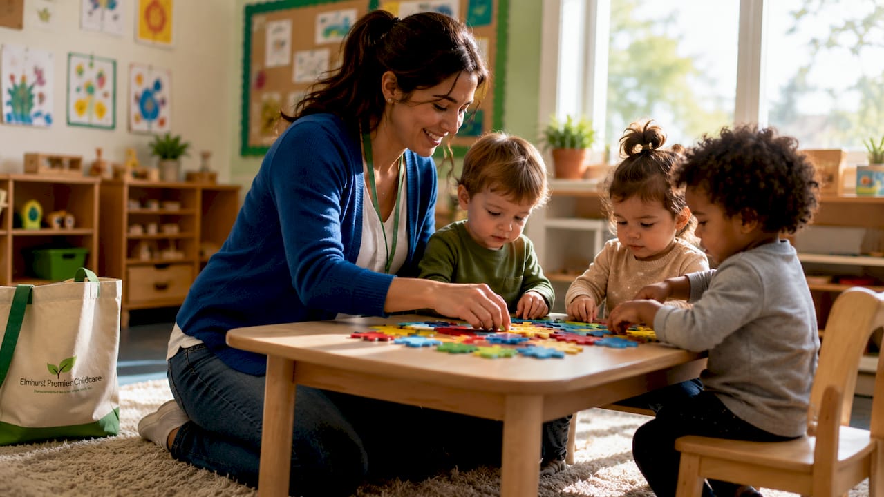 Teacher hands arranging puzzle pieces for cognitive play